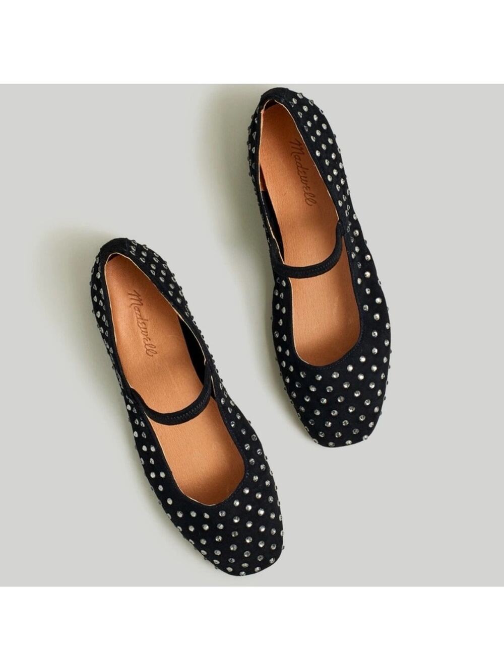 Madewell Greta Ballet Flat Crystal Embellished Rhinestone Black Suede, Women's 6
